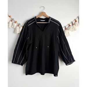 Chico's Embroidered Pintuck Lantern Sleeve Top Cotton Black Boho Coastal XL